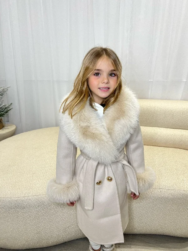 Childrens Light Beige Luxury Fur Cashmere Coat