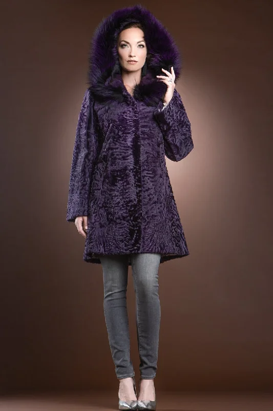 Hooded Purple Mid-Length Karakul Fur Coat - Purple Fox Trim